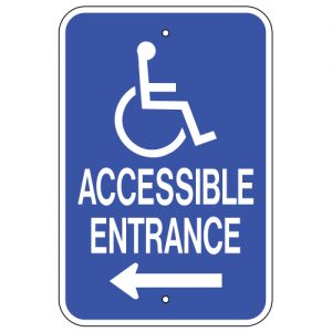 Accessible Entrance with Handicap Symbol Left Arrow Blue Aluminum Sign