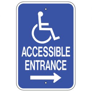 Accessible Entrance with Handicap Symbol Right Arrow Blue Aluminum Sign