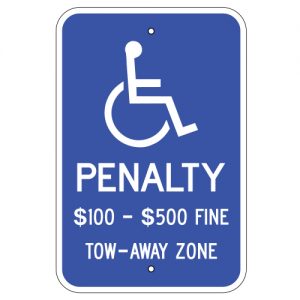 Handicap Symbol Penalty $100 to $500 Fine Tow-Away Zone Blue Virginia Aluminum Sign
