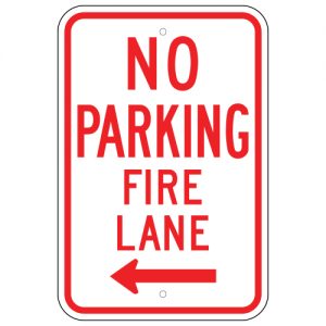 No Parking Fire Lane with Left Arrow Aluminum Sign