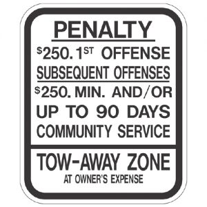 Penalty $250 1st Offense Tow Away Zone New Jersey Aluminum Sign